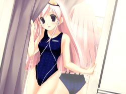 Rule 34 | 00s, 1girl, competition swimsuit, game cg, highleg, highleg swimsuit, hitomi yomi, long hair, mirror, one-piece swimsuit, pink hair, purple eyes, solo, sukumizu 2, swimsuit, to heart (series), to heart 2