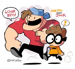 Rule 34 | !, 2boys, backwards hat, black eyes, black footwear, black pants, blue headwear, brown hair, commentary, copyright name, english commentary, friends, glasses, hat, highres, jock (nerd and jock), male focus, manly, multiple boys, nerd (nerd and jock), nerd and jock, open mouth, pants, pointing, pointing to the side, rariatto (ganguri), red shirt, shirt, speech bubble, spoken exclamation mark, sweater, t-shirt, toon (style), walking