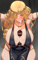 Rule 34 | 1girl, absurdres, alternate body size, alternate breast size, alternate costume, bar censor, bare shoulders, black dress, blonde hair, blush, braid, breasts, censored, cleavage, clenched teeth, crucifixion, cum, curvy, dress, elden ring, eyes visible through hair, facial, gold armlet, gold circlet, gold necklace, hair over shoulder, halterneck, highres, huge breasts, jewelry, leaning forward, long hair, looking at viewer, necklace, negresco, paizuri, queen, queen marika the eternal, sideboob, solo focus, sweat, teeth, wide hips, yellow eyes