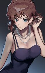 Rule 34 | 1girl, absurdres, adjusting hair, arm up, black dress, black nails, blue eyes, blush, breasts, brown hair, cleavage, closed mouth, dress, haibara ai, highres, jewelry, large breasts, looking at viewer, meitantei conan, miyano shiho, nail polish, necklace, pearl necklace, short hair, simple background, sleeveless, sleeveless dress, solo, thinny062541, upper body