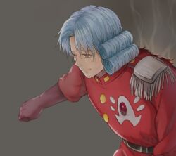 Rule 34 | 1boy, avan de ginual the third, b-saku, belt, blue hair, blurry, brown eyes, bruise, bruise on face, closed mouth, depth of field, dragon quest, dragon quest dai no daibouken, epaulettes, gloves, grey background, injury, jacket, light smile, male focus, outstretched arm, red gloves, red jacket, ringlets, simple background, smile, smoke, solo, upper body