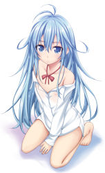 Rule 34 | 10s, 1girl, :o, ahoge, antenna hair, bad id, bad pixiv id, bare legs, bare shoulders, barefoot, blue eyes, blue hair, bow, denpa onna to seishun otoko, flat chest, kneeling, long hair, matching hair/eyes, nipples, off shoulder, open clothes, open mouth, open shirt, ribucci, see-through, shirt, solo, touwa erio, wet, wet clothes, wet shirt