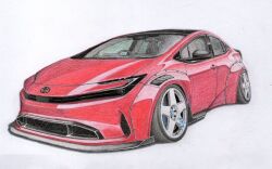 Rule 34 | car, colored pencil (medium), grey background, highres, motor vehicle, no humans, original, red car, stance (vehicle), sting custom, toyota, toyota prius, traditional media, vehicle focus