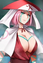 Rule 34 | 1girl, 2020, absurdres, bodypaint, breasts, capelet, center opening, cleavage, eyes visible through hair, facepaint, female focus, green eyes, haruno sakura, hat, highres, huge breasts, japanese clothes, kimono, lips, looking at viewer, naruto, naruto (series), no bra, obi, aged up, pink hair, pink kimono, sash, short hair, smoke, solo, tagme, tattoo, upper body, veil, white capelet, xkit