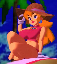 Rule 34 | 1girl, blonde hair, breasts, brooch, earrings, gloves, hat, jewelry, large breasts, lips, lipstick, long hair, low poly, makeup, mario (series), navel, nintendo, palm tree, parody, pink lips, princess peach, sitting, smile, solo, style parody, sun hat, super mario 64, swimsuit, tree, wamudraws