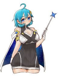 Rule 34 | 1girl, ahoge, bare shoulders, blue eyes, blue hair, blush, breasts, cape, cleavage, closed mouth, cropped legs, dot nose, gloves, hair between eyes, head tilt, highres, holding, ichika (ichika manga), large breasts, looking at viewer, original, simple background, sleeveless, solo, thighs, wand, white background, white gloves