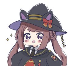 Rule 34 | 1girl, :&gt;, animal ears, animal hat, black hat, black jacket, black necktie, blush stickers, bow, braid, braided hair rings, brown hair, chibi, collared shirt, commentary request, fake animal ears, hair rings, hat, hat bow, horse ears, jacket, long hair, long sleeves, looking at viewer, necktie, nozo (hitomiz), open mouth, purple eyes, red bow, shirt, simple background, solo, sparkle, sweater vest, sweep tosho (umamusume), triangle mouth, twin braids, twintails, umamusume, upper body, v-shaped eyebrows, very long hair, white background, white shirt, witch hat