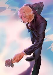Rule 34 | black footwear, black jacket, black necktie, black pants, blonde hair, blush, cigarette, closed eyes, commentary, curly eyebrows, english commentary, facial hair, flower, formal, hair over one eye, highres, holding, holding flower, jacket, leaning forward, long sleeves, male focus, mouth hold, necktie, one piece, pants, rita ya, sanji (one piece), shadow, shirt, solo, white shirt