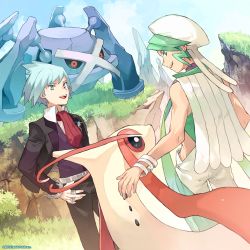 Rule 34 | 2boys, black jacket, black pants, bracelet, cloud, commentary request, creatures (company), day, fingernails, game freak, gen 3 pokemon, grass, green eyes, green hair, hand on own hip, highres, jacket, jewelry, long sleeves, metagross, milotic, multiple boys, newo (shinra-p), nintendo, official art, open mouth, outdoors, pants, pokemon, pokemon (creature), pokemon masters ex, pokemon oras, ring, sky, smile, steven stone, teeth, tongue, upper teeth only, wallace (pokemon)