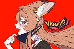 Rule 34 | 1girl, absurdres, animal ear fluff, animal ears, bandaid, bandaid on neck, black choker, black shirt, blue eyes, blush, choker, collarbone, earrings, english text, fangs, fox ears, fox girl, highres, jewelry, looking at viewer, mask, mask pull, mouth mask, open mouth, orange hair, orangefox, original, polka dot, portrait, profile, red background, shirt, simple background, slit pupils, solo, teeth, unmoving pattern
