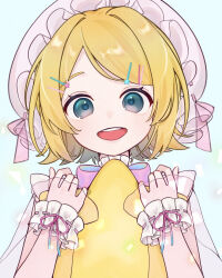 Rule 34 | 1girl, blonde hair, blue eyes, blush, bow, hair ornament, hairclip, hat, holding, holding pillow, kagamine rin, long sleeves, looking at viewer, mob cap, open mouth, pillow, project sekai, see-through, see-through sleeves, sleeve cuffs, smile, solo, star (symbol), star hair ornament, star-shaped pillow, upper body, vocaloid, yusa popo