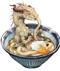 Rule 34 | absurdres, bowl, chopsticks, claws, dragon, eating, egg, egg yolk, food, food focus, highres, holding, holding chopsticks, holding spoon, monster, no humans, noodles, original, ramen, simple background, sitting, solo, spoon, tapioka chaso, udon, white background, yellow eyes