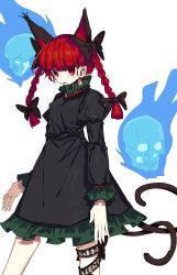 Rule 34 | 1girl, :d, absurdres, animal ears, black dress, black ribbon, blunt bangs, blunt tresses, blush, braid, breasts, cat ears, cat tail, commentary request, contrapposto, dress, extra ears, feet out of frame, floating skull, highres, hitodama, ichirugi, juliet sleeves, kaenbyou rin, leg ribbon, legs apart, long hair, long sleeves, multiple tails, nekomata, open mouth, parted lips, pointy ears, puffy sleeves, red eyes, red hair, ribbon, simple background, slit pupils, small breasts, smile, solo, standing, tail, touhou, twin braids, two tails, white background