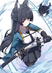 1girl absurdres animal_ear_fluff animal_ears black_hair black_necktie black_skirt blunt_bangs closed_mouth cowboy_shot dress_shirt fingerless_gloves fox_ears fox_girl gauntlets gloves green_jacket high-waist_skirt highres holding holding_sword holding_weapon hoshimi_miyabi jacket long_hair looking_at_viewer necktie ningmeng_zizi red_eyes shirt sidelocks single_fingerless_glove skirt solo sword tailless_(zenless_zone_zero) weapon white_shirt zenless_zone_zero