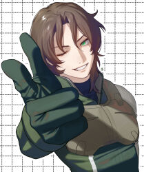 Rule 34 | 1boy, artist logo, bodysuit, brown eyes, commentary request, foreshortening, green bodysuit, green eyes, grin, gundam, gundam 00, hair between eyes, lockon stratos, male focus, medium hair, normal suit, outstretched arm, pointing, smile, solo, spacesuit, upper body, ususio 11