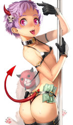 Rule 34 | ass, back, bare shoulders, clothing cutout, collar, demon girl, dorohedoro, ebisu (dorohedoro), fang, flat chest, gloves, hair ornament, highres, horns, jairou, kikurage (dorohedoro), looking at viewer, looking back, money, open mouth, panties, pink eyes, pole, pole dancing, purple hair, skull, solo, sweat, tail, tail through clothes, thong, tongue, underwear
