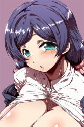 Rule 34 | 10s, 1girl, aqua eyes, blue hair, breasts, cleavage, huge breasts, long hair, looking at viewer, love live!, love live! school idol project, open clothes, open shirt, parted lips, purple background, shirt, simple background, solo, tokyo (great akuta), tojo nozomi, upper body