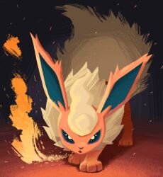 Rule 34 | animal focus, blonde hair, blue eyes, bright pupils, creatures (company), fire, flareon, game freak, gen 1 pokemon, looking at viewer, nintendo, no humans, open mouth, pokemon, pokemon (creature), sanononote, solo, standing, white pupils