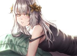 Rule 34 | 1girl, black camisole, breasts, brown eyes, brown flower, camisole, flower, from side, grey hair, hair flower, hair ornament, highres, humanization, indie virtual youtuber, long hair, looking at viewer, lying, medium breasts, off shoulder, on stomach, parted lips, pillow, solo, the cecile (vtuber), twitter username, upper body, virtual youtuber, white background, yiotaart