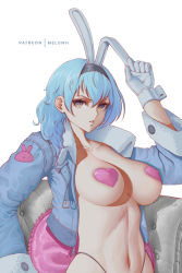 Rule 34 | 1girl, absurdres, alternate costume, animal ears, black hairband, blue jacket, breasts, covered erect nipples, eula (genshin impact), fake animal ears, fur-trimmed jacket, fur trim, genshin impact, gloves, hair between eyes, hairband, heart pasties, highres, jacket, large breasts, long sleeves, looking at viewer, melowh, navel, open clothes, open jacket, pasties, rabbit ears, short hair, simple background, solo, white background, white gloves, yellow eyes
