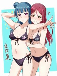 Rule 34 | &gt;:), 2girls, arm behind head, armpits, behind another, bikini, black bikini, blue background, blue hair, blush, breasts, collarbone, commentary request, cowboy shot, floral print, front-tie bikini top, front-tie top, looking at viewer, love live!, love live! sunshine!!, matching outfits, medium breasts, midriff, multiple girls, navel, outstretched arm, purple eyes, red hair, sakurauchi riko, side-tie bikini bottom, small breasts, squiggle, stomach, swimsuit, translation request, tsushima yoshiko, turkey min, wavy mouth, yellow eyes