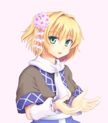 Rule 34 | 1girl, arm warmers, blonde hair, flower, gradient background, green eyes, hair flower, hair ornament, isaki (gomi), looking at viewer, mizuhashi parsee, open mouth, pink background, pointy ears, scarf, shirt, short sleeves, smile, solo, touhou, upper body, white scarf