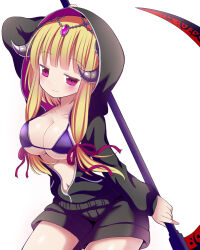 Rule 34 | 1girl, arm behind head, arm up, bikini, bikini under clothes, black jacket, black shorts, blonde hair, breasts, character request, chouhakai!! barbarossa, cleavage, closed mouth, collarbone, demon horns, givuchoko, hair ribbon, highres, holding, holding scythe, hood, hood up, hooded jacket, horns, jacket, large breasts, long hair, long sleeves, navel, puffy long sleeves, puffy sleeves, purple bikini, purple eyes, purple ribbon, ribbon, scythe, short shorts, shorts, simple background, sitting, smile, solo, swimsuit, very long hair, white background