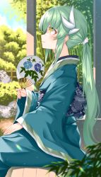Rule 34 | 1girl, blurry, blurry background, blush, closed mouth, commentary request, day, depth of field, dragon horns, fate/grand order, fate (series), floral print, folding fan, from side, green hair, hair ornament, hand fan, hand on own thigh, highres, holding, horns, japanese clothes, kimono, kiyohime (fate), long hair, long sleeves, looking up, morizono shiki, obi, outdoors, paper fan, ponytail, profile, sash, sidelocks, sitting, smile, solo, wide sleeves, yellow eyes