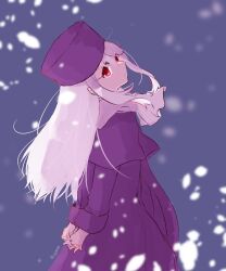 Rule 34 | 1girl, blush, coat, fate/stay night, fate (series), fur hat, hat, highres, illyasviel von einzbern, long hair, looking at viewer, papakha, pout, purple coat, purple hat, red eyes, saihara, scarf, sketch, solo, white hair