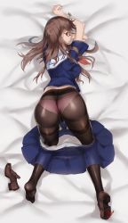 Rule 34 | 1girl, albreo, all fours, arm support, ass, bed, bed sheet, black pantyhose, blue skirt, bracelet, breasts, brown hair, clothes pull, crotch seam, from above, glasses, highres, jewelry, loafers, long hair, looking back, original, panties, panties under pantyhose, pantyhose, pink panties, pleated skirt, sailor collar, school uniform, serafuku, shoes, short sleeves, skirt, skirt pull, soles, solo, thighband pantyhose, underwear