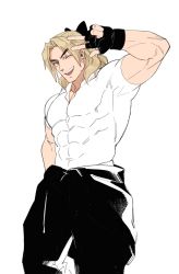 Rule 34 | 1boy, alternate costume, bara, biceps, black pants, blonde hair, bow, contrapposto, covered abs, dougi, feet out of frame, fingerless gloves, gloves, grin, hair bow, highres, ken masters, long hair, looking at viewer, male focus, muscular, muscular male, one eye closed, pants, pectorals, shirt, smile, solo, standing, street fighter, taut clothes, taut shirt, thick eyebrows, v, white shirt, yuiofire