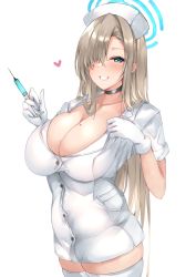 Rule 34 | 1girl, alternate costume, asuna (blue archive), black choker, blue archive, blue eyes, blush, breasts, brown hair, choker, cleavage, collarbone, commentary request, gloves, grin, hair over one eye, halo, hands up, hat, heart, highres, holding, holding syringe, large breasts, long hair, mole, mole on breast, mutou mame, nurse, nurse cap, one eye covered, short sleeves, simple background, smile, solo, syringe, teeth, thighhighs, thighs, white background, white gloves, white hat, white thighhighs