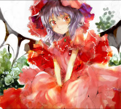 Rule 34 | 1girl, asuka shirou, bat wings, between thighs, blush, dress, eyelashes, faux traditional media, female focus, flower, frilled dress, frills, hat, purple hair, red eyes, remilia scarlet, rose, silver hair, smile, solo, solo focus, speed painting, thighs, touhou, v arms, wings
