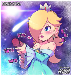 Rule 34 | 1boy, 1girl, artist name, bare shoulders, blonde hair, blue dress, blue eyes, blush, body blush, border, breasts, brooch, collarbone, colorized, cowboy shot, crown, disembodied penis, dress, earrings, english text, erection, eyelashes, glint, hair over one eye, handjob, hearlesssoul, heart, hetero, highres, jewelry, large penis, long hair, long sleeves, looking at penis, mario (series), medium breasts, motion lines, nintendo, nose, off-shoulder dress, off shoulder, parted lips, penis, rosalina, shiny skin, shooting star, skajrzombie, smile, solo focus, sound effects, speech bubble, spoken heart, star (sky), star (symbol), star earrings, sun, super mario galaxy, thick lips, twitter username, two-handed handjob, white border