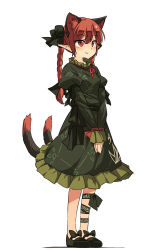Rule 34 | 1girl, animal ears, bare legs, blush, bow, braid, cat ears, cat tail, dress, extra ears, hair bow, kaenbyou rin, leg ribbon, long hair, long sleeves, multiple tails, pointy ears, red eyes, red hair, ribbon, simple background, smile, solo, tail, touhou, twin braids, white background, yudepii
