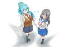 2girls alternate_costume aqua_eyes aqua_hair arms_behind_back black_socks blue_skirt blush breasts brown_eyes brown_footwear brown_hair cosplay costume_switch futaba_rio glasses hair_between_eyes kneehighs lab_coat large_breasts loafers long_hair looking_at_viewer multiple_girls necktie pleated_skirt ponytail red_necktie sailor_collar school_uniform seishun_buta_yarou serafuku shoes skirt socks twitter_username vest vivy vivy:_fluorite_eye&#039;s_song white_background xauching