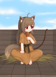 Rule 34 | 1girl, absurdres, animal ear fluff, animal ears, barefoot, belt, black belt, blue sky, brown hair, brown pants, chewing, chicken (food), chicken leg, chinese commentary, closed mouth, cloud, commentary request, dougi, food, fox ears, fox girl, fox tail, full body, highres, holding, holding food, karate, kuma-bound, long hair, martial arts belt, original, outdoors, pants, red eyes, sitting, sky, smile, solo, tail, toes