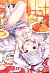 Rule 34 | 1girl, absurdres, alternative girls, armpits, bare legs, blush, breasts, china dress, chinese clothes, cleavage, dress, elbow gloves, food, fork, gloves, highres, indoors, knife, long hair, looking at viewer, lying, official art, on back, open mouth, red eyes, smile, solo, usui miyuki, white dress, white footwear, white gloves, white hair