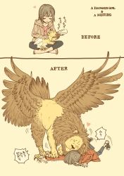 Rule 34 | 1girl, animal, baby bottle, before and after, bottle, closed eyes, english text, feathered wings, feeding, grey hair, griffin, heads together, heart, held down, hood, hooded jacket, jacket, maruyama kaoru, nuzzle, original, pants, restrained, shoes, simple background, sitting, sweatdrop, wings