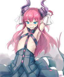 Rule 34 | 10s, 1girl, armpits, arms up, bad id, bad tumblr id, bee (deadflow), black skirt, blush, corset, cowboy shot, detached sleeves, dragon horns, dragon tail, elizabeth bathory (fate), elizabeth bathory (fate/extra ccc), elizabeth bathory (first ascension) (fate), fang, fate/extra, fate/extra ccc, fate (series), flat chest, half-closed eyes, highres, horns, long hair, nose blush, open mouth, purple hair, sidelocks, skirt, smile, solo, sweat, tail, tsurime