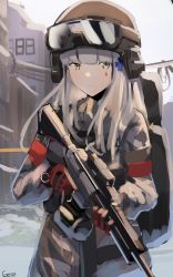 Rule 34 | 1girl, absurdres, assault rifle, backpack, bag, blunt bangs, closed mouth, coat, facial mark, gar32, girls&#039; frontline, gloves, goggles, goggles on headwear, green eyes, grey coat, grey hair, gun, h&amp;k hk416, hair ornament, helmet, highres, hk416 (fang) (girls&#039; frontline), hk416 (girls&#039; frontline), holding, holding gun, holding weapon, long hair, long sleeves, looking at viewer, red gloves, rifle, signature, solo, tom clancy&#039;s the division, trigger discipline, weapon