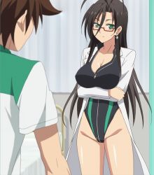 Rule 34 | 10s, 1boy, 1girl, antenna hair, black hair, breasts, cleavage, competition swimsuit, crossed arms, earrings, front zipper swimsuit, full-length zipper, glasses, green eyes, hasegawa chisato, highres, jewelry, lab coat, large breasts, long hair, meme attire, one-piece swimsuit, red-framed eyewear, screencap, shinmai maou no testament, standing, stitched, swimsuit, third-party edit, toujou basara, zipper