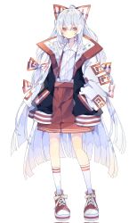 Rule 34 | 1girl, bow, buttons, closed mouth, collared shirt, corrupted twitter file, fujiwara no mokou, full body, hair between eyes, hair bow, hands in pockets, highres, jacket, long hair, looking at viewer, nikorashi-ka, open clothes, open jacket, red eyes, red shorts, shirt, shoes, shorts, simple background, socks, solo, touhou, white background, white bow, white footwear, white hair, white shirt, white socks