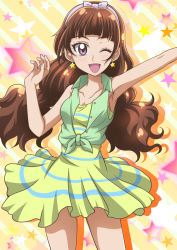 Rule 34 | 1girl, amanogawa kirara, arm up, armpits, bare shoulders, blush, breasts, brown hair, collarbone, dress, earrings, go! princess precure, hairband, hanzou, jewelry, long hair, looking at viewer, one eye closed, precure, purple eyes, short dress, smile, solo, star (symbol), star earrings, thighs, twintails, vest, yellow background