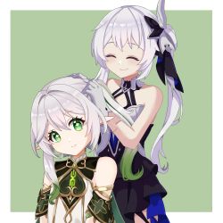 Rule 34 | 2girls, ^ ^, bare shoulders, black dress, closed eyes, closed mouth, commentary request, company connection, cross-shaped pupils, crossover, dress, genshin impact, gloves, gradient hair, green background, green eyes, green hair, grey gloves, grey hair, head tilt, highres, honkai (series), honkai impact 3rd, mihoyo, multicolored hair, multiple girls, nahida (genshin impact), ryuusan (leuthan698), see-through, side ponytail, sleeveless, sleeveless dress, smile, streaked hair, symbol-shaped pupils, tamura yukari, theresa apocalypse, theresa apocalypse (twilight paladin), two-tone background, voice actor connection, white background, white dress