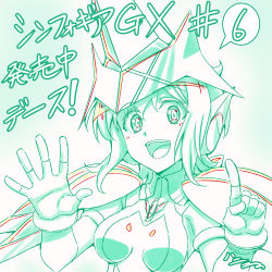 Rule 34 | 1girl, :d, akatsuki kirika, artist name, breasts, counting, dated, gloves, green theme, h-new, headgear, index finger raised, looking at viewer, medium breasts, monochrome, open hand, open mouth, senki zesshou symphogear, simple background, smile, solo, translation request
