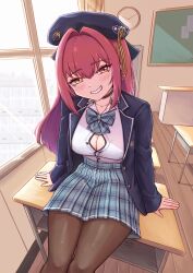 Rule 34 | 1girl, beret, black choker, black coat, black hat, black pantyhose, blush, breasts, butter spoon, choker, cleavage, coat, grin, hat, heterochromia, highres, hololive, houshou marine, houshou marine (school uniform), large breasts, long hair, looking at viewer, official alternate costume, pantyhose, partially unbuttoned, red eyes, red hair, shirt, smile, solo, virtual youtuber, white shirt, yellow eyes