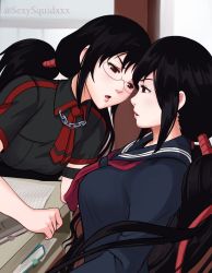 Rule 34 | 2girls, black hair, blood-c, blush, book, breasts, classroom, desk, glasses, highres, imminent kiss, indoors, kisaragi saya, large breasts, long hair, looking at another, multiple girls, open mouth, ponytail, school uniform, twintails, upper body, yuri