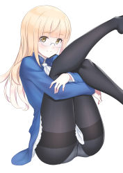Rule 34 | 1girl, a9b (louis814), absurdres, ass, black pantyhose, blonde hair, blush, closed mouth, glasses, highres, legs up, long hair, looking at viewer, military, military uniform, neckerchief, panties, panties under pantyhose, pantyhose, perrine h. clostermann, simple background, smile, solo, strike witches, underwear, uniform, white background, white neckerchief, white panties, world witches series, yellow eyes