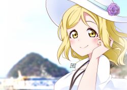 Rule 34 | 1girl, absurdres, blonde hair, blush, closed mouth, commentary request, flower, hand up, hat, hat flower, highres, looking at viewer, love live!, love live! sunshine!!, medium hair, ohara mari, outdoors, portrait, shirt, smile, solo, white hat, white shirt, yellow eyes, zero-theme